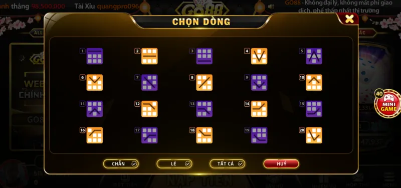 Bảng chọn dòng trong Kim cương Minigame Go88