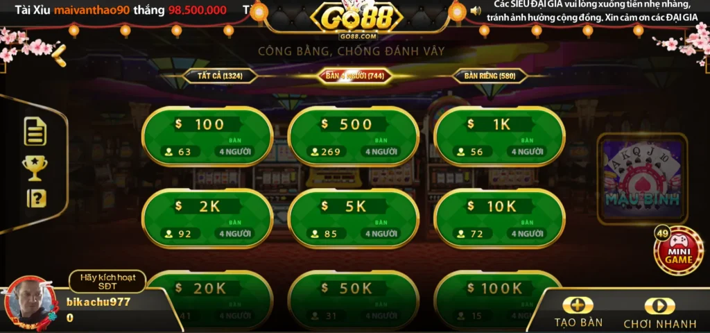 Sảnh chơi game bài Mậu Binh tại Go88