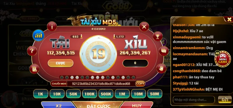 Game Tài Xỉu MD5 chỉ cần chọn tiền cược và cửa cược là có thể chơi 