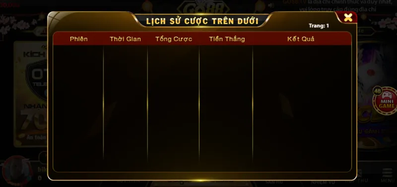 Lịch sử cược Trên dưới Minigame Go 88 Club